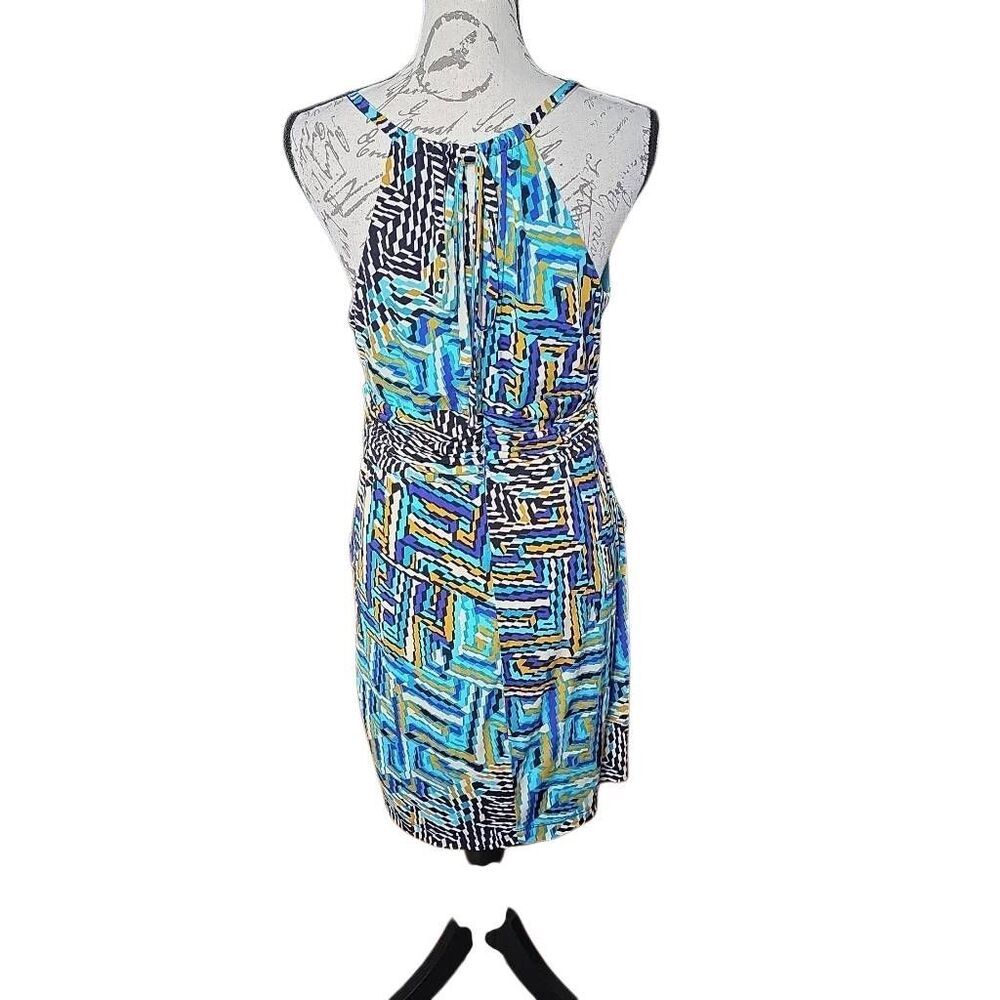 Bisou Bisou Women's Size 12 Blue Multicolor Geo Print Halter Sheath Pocket Dress